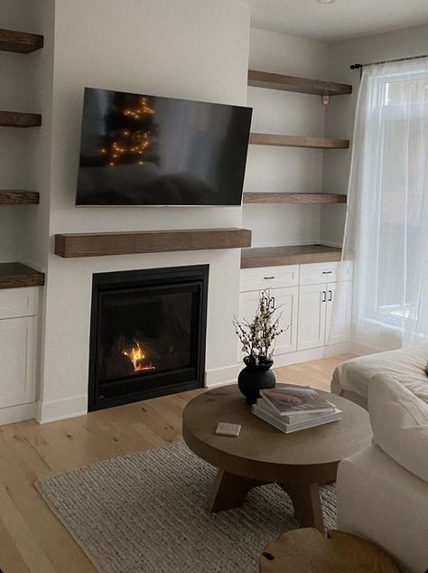 Tv Mounted, Built In Shelves Living Room, Build A Fireplace, Living Room Built Ins, Fireplace Built Ins, Small Home Offices, Living Room Decor Fireplace, Living Room Shelves, Home Fireplace