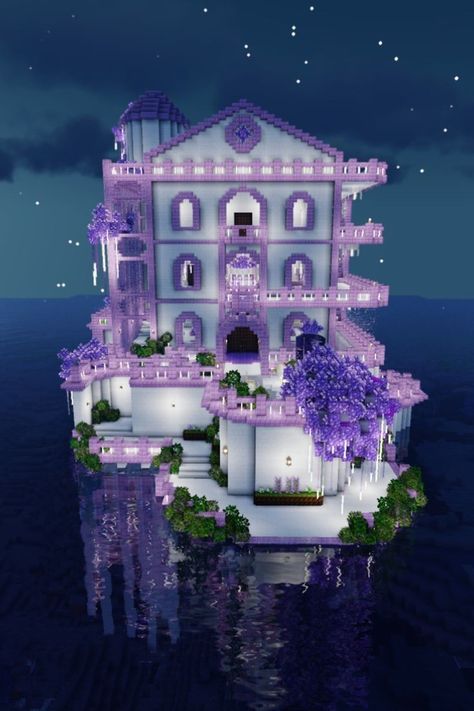 White And Purple Minecraft House, Purpur Block Builds Minecraft, Minecraft Crystal House, Amethyst House Minecraft, Minecraft Purple House, Minecraft Quartz House, Minecraft Crystal Build, Purple Minecraft House, Minecraft Balcony Ideas