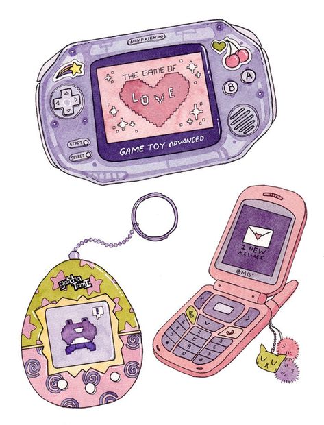 Nostalgic Stickers, Technology Stickers, Kawaii Tamagotchi, 90s Technology, Art Geek, Japan Kawaii, Kawaii Drawings, Kawaii Art, Aesthetic Stickers