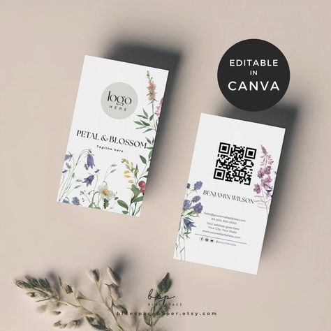 Florist Business Cards, Wild Flower Business Card Canva, Flower Shop Business Card, Floral Business Card Template, Event Florist Business by BlueSpacePaper on Etsy Floral Visiting Cards Design, Flower Shop Business Card, Flower Shop Business, Flower Business Card, Florist Business, Florist Business Card, Shop Business Card, Floral Business Cards, Floral Business