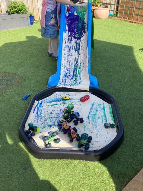 Outdoor Art Activities For Preschool, Ece Outdoor Environments, Monster Truck Tuff Tray, Gardening Tuff Tray Ideas, Transportation Tuff Tray Ideas, Road Safety Tuff Tray, Open Ended Activities For Toddlers, Transport Tuff Tray Ideas, Tuff Tray Ideas Babies