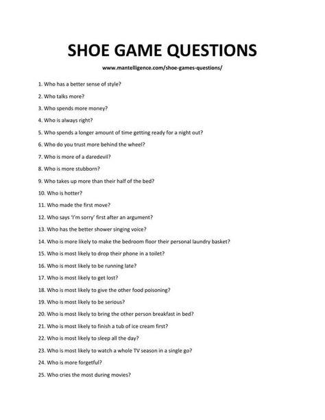 Bridal Shower Shoe Game, Shoe Game Questions, Couples Wedding Shower Games, Newlywed Game Questions, Bridal Shower Question Game, The Shoe Game, Bridal Shower Questions, Fun Wedding Games, Couple Shower Games