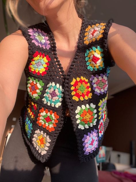 Crochet Black Vest Granny Square Sweater Vest Handmade Vest - Etsy UK Granny Square Vest Outfit, Crochet Crop Vest, Crochet Vest Granny Square, Granny Square Sweater Vest, Crochet Vest Outfit, Granny Square Vest, Crochet Vests, Vest Handmade, Square Sweater