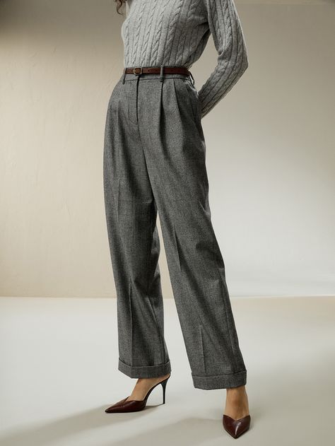 Formal Tweed Pants For Fall, Classic Straight Leg Winter Bottoms, Tailored Winter Bottoms With Tapered Leg, Fitted Tweed Pants For Fall, Tailored Tweed Pants For Fall, Business Pants For Fall, Fall Fitted Tweed Pants, Tailored Winter Pants With Belt Loops, Classic High-waisted Winter Pants