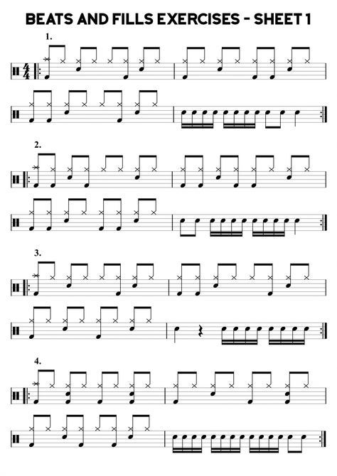 Drum Fills Sheet, Drum Notation, Drum Fills, Drum Rudiments, Drum Practice, Learn Drums, Drum Notes, Drum Beats, Drum Patterns