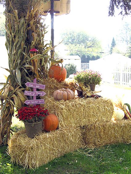 Straw bales with mums Outside Fall Decorations Front Yards, Hay Bales And Pumpkins, Fall Outside Decor, Outside Fall Decorations, Outdoor Fall Decorations, Fall Displays, Fall Yard Decor, Fall Outside, Fall Yard