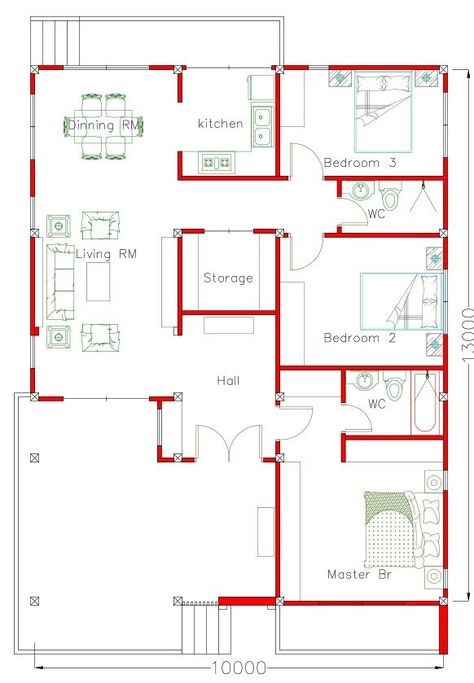 130 Sq. m. 3-Bedroom House Plan - Cool House Concepts 3 Room House Plan, Playroom Paint, Plan 2d, Three Bedroom House Plan, Unique House Plans, Bungalow Floor Plans, Free House Plans, House Plans 3 Bedroom, Three Bedroom House