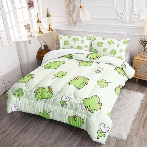 Amazon.com: BSNTHO Cartoon Frogs Twin Comforter Set for Kids,Kawaii Microfiber Bedding Set,All Season Comforter with 2 Pillowcases,Soft and Breathable,No Sheets : Home & Kitchen Frog Bedding, Frog Bedroom, Cartoon Frogs, Lake Ideas, Twin Comforter Sets, Twin Comforter, Green Frog, Comforter Set, Comforter Sets