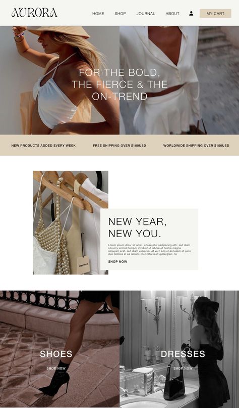 A minimal, luxe & chic website design for e-commerce L.A. based fashion brand Aurora. Custom Shopify website designed by Studio Krista Banner For Website Design, Luxury Fashion Newsletter, Fashion Blog Layout, Banner For Website, Fashion Site Design, Shopify Banner Design, Fashion Design Website, Brand Banner Design, Website Design Fashion Brand