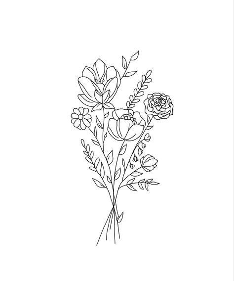 Line Work Bouquet Tattoo, Drawing Of Flower Bouquet, Flower Boquettes Drawings, Simple Flower Bouquet Tattoo, Flower Line Drawing Tattoo, Flower Bouquet Outline, Wattle Tattoo, Flower Bunch Tattoo, Bouquet Line Drawing