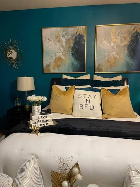 Teal Bedroom Color Schemes, Teal And Gold Bedroom, Teal Bedroom Decor, Teal Bedroom Ideas, Bedroom Redecorating, Teal Bedroom, Luxury Room Bedroom, Modern Luxury Bedroom, Room Theme