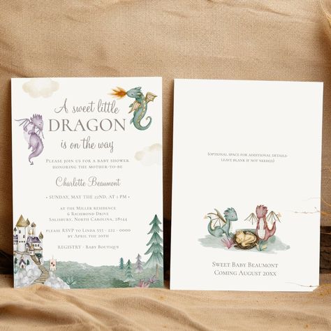 Boho Storybook Dragon Sweet Little Baby Shower Invitation Baby Dragon Baby Shower Ideas, Storybook Dragon, Dragon Baby Shower Ideas, Fairytale Baby Shower Theme, Dragon Baby Shower Invitations, Castle White, Fairytale Baby Shower, Dragon Baby Shower, Royal Knight