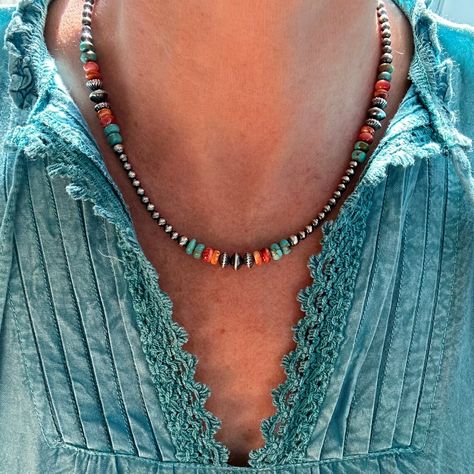 This southwestern inspired design is a carefully crafted blend of materials and all natural colors that will add personality to your casual or formal dress. Southwestern Modern, Blue Turquoise Necklace, Kingman Arizona, Navajo Pearls, Gemstone Choker, Style Goals, Necklace Extender, Store Ideas, Necklace Red