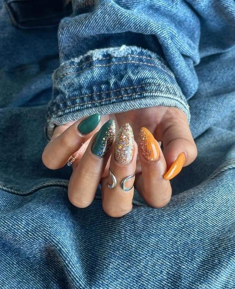 Autumn Nails Green And Orange, Teal And Orange Fall Nails, November Dip Nail Ideas, Fall Themed Nails Autumn, Teal Fall Nails, 70s Inspired Nails, Jewel Tone Nails, Harvest Nails, 2016 Nails