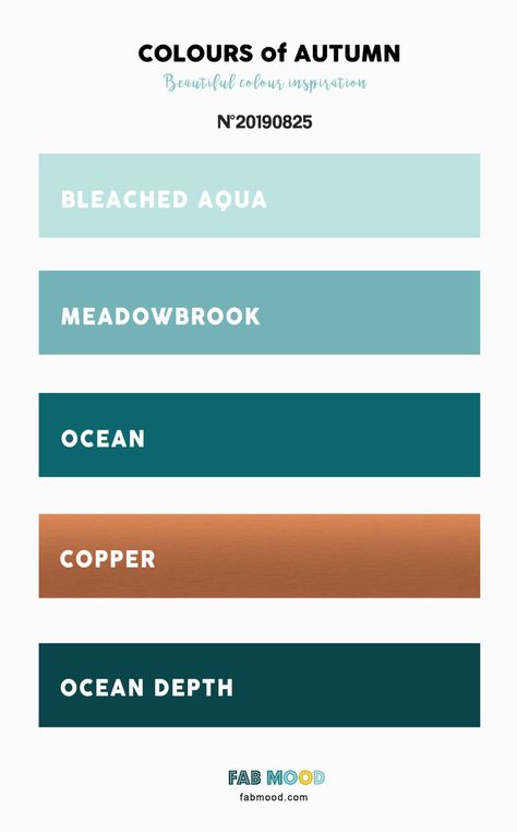 Autumn Color 2019 { Bleached Aqua + Copper + Ocean + Meadowbrook } A pretty colour palette. To get you started on your own... Copper Colour Palette, Copper Colour Scheme, Aqua Color Palette, Teal Color Palette, Gold Color Palettes, Color Schemes Colour Palettes, Color Guide, Brand Color Palette, Fall Color Palette