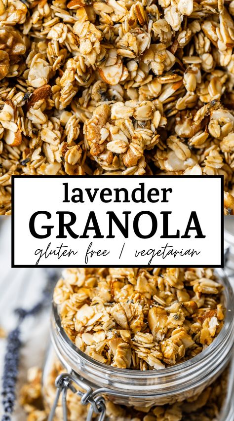 Easy homemade LAVENDER GRANOLA that's ready in under 30 minutes! Made in the stove, clumps up well and is lightly sweetened with honey #granola #lavender Granola Gift, Summer Granola, Sweets Healthy, Baked Granola, Culinary Lavender, Loaded Sweet Potato, Green Goddess Dressing, Gluten Free Granola, Elegant Desserts