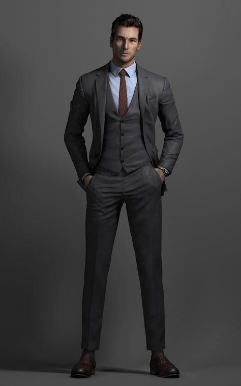 3 Piece Suit Men, Suited Men, Blue Three Piece Suit, Men Poses, Bond Style, Ace Combat, Grey Suit Men, Male Faces, Suit Styles