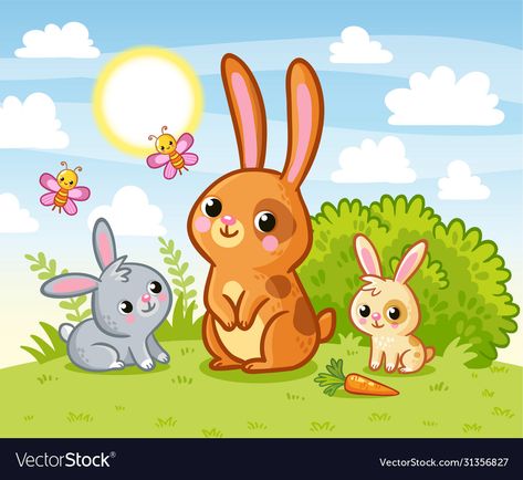 Farm Animals Preschool, Grass Vector, Rabbit Drawing, Green Meadow, Cute Animal Illustration, Hand Drawn Vector Illustrations, Puppy Play, Rabbit Cartoon, Kawaii Doodles