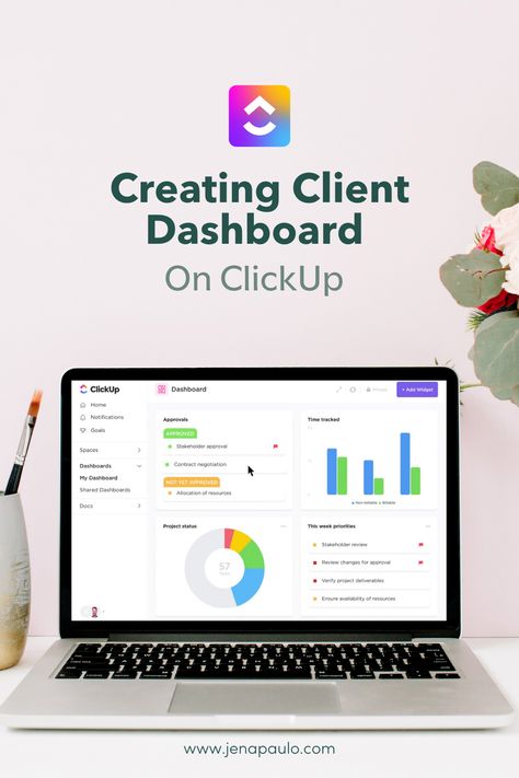 Mackbook laptop with ClickUp Dashboard with flowers and brush on the side as accents. Clickup Dashboards, Performance Dashboard, Sales Dashboard, Sales Crm, Relationship Marketing, Progress Bar, Meeting Notes, Customer Relationship Management, Business Operations