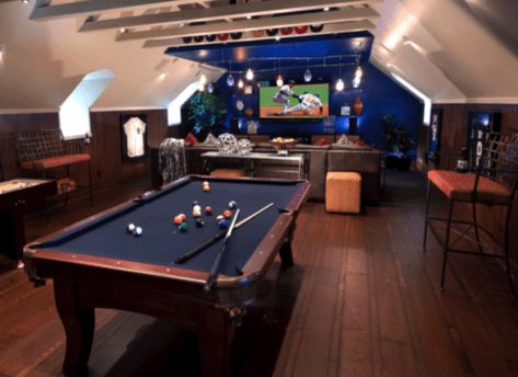 Small Pool Table, Bonus Room Office, Small Room Interior, Bonus Room Ideas, Room Above Garage, Pool Table Room, Man Cave Home Bar, Man Room