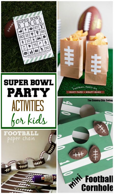 Totally fun Super Bowl activities for kids to keep them busy and having fun during the big game Super Bowl Crafts, Super Bowl Kids, Super Bowl Activities, Super Bowl Bingo, Party Activities For Kids, Superbowl Party Decorations, Party Activities Kids, Superbowl Game, Football Birthday Party