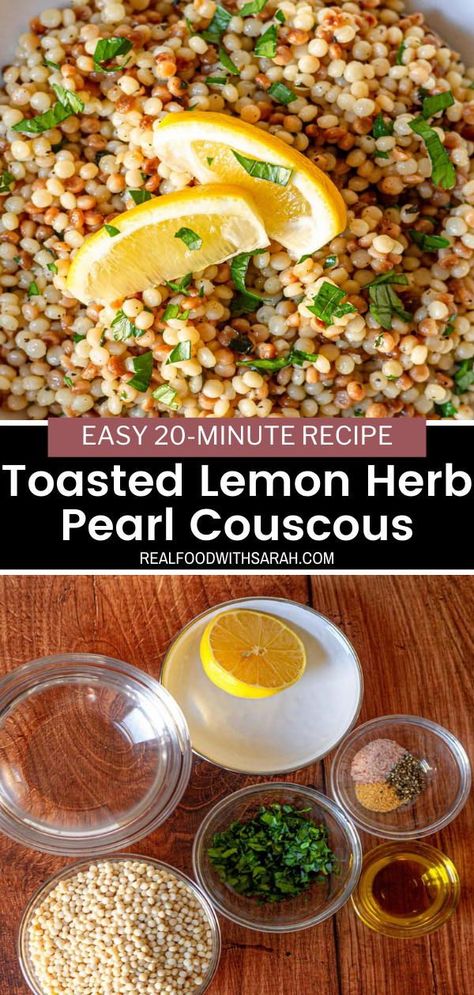 Lemon Herb Pearl Couscous is the perfect flavorful and simple couscous recipe. Pearled couscous is toasted and combined with lemon juice and fresh herbs for a delicious side dish. Couscous Pearls Recipes, Toasted Couscous Recipes, Italian Couscous Recipes, Cous Cous Recipes Easy, Crispy Couscous, Couscous Pilaf, Cuscus Recipes Couscous, Pearlized Couscous Recipes, Greek Couscous Recipes