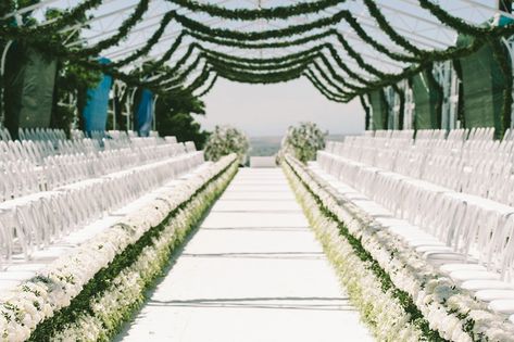 fashion runway style wedding ceremony seating Fairytale Wedding Decorations, Wedding Ceremony Setup, Wedding Walk, Wedding Ceremony Seating, Mykonos Wedding, Wedding In Greece, All White Wedding, Dream Destination Wedding, Santorini Wedding