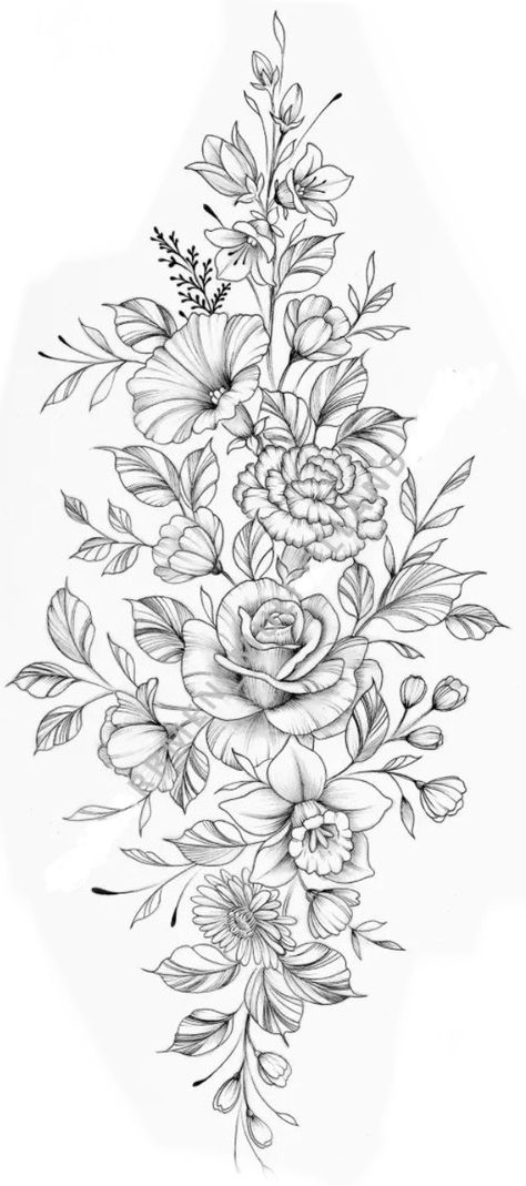 Floral Sleeve Stencil, Large Tattoo Stencil, Women Tattoo Designs Drawings, Flower Sleeve Tattoo Stencil, Floral Tattoo Outline, Dafodill Flowers Drawing, Floral Tattoo Sketch, Stencils For Tattoos, Japanese Tattoo Stencil