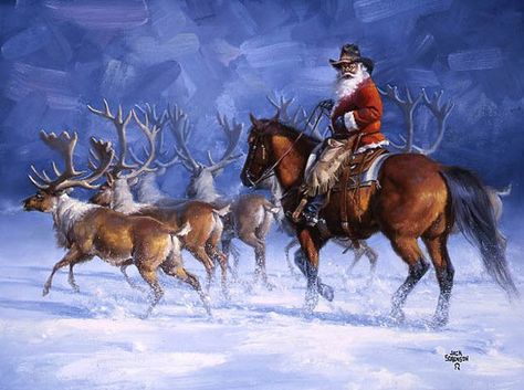 Cowboy Christmas Jack Sorenson, Cer Nocturn, Western Artwork, Christmas Horses, Falling Snow, West Art, Cowboy Christmas, Animated Christmas, Western Christmas