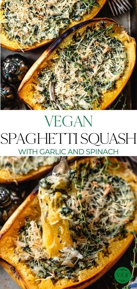 Vegan Spaghetti Squash Recipe with Spinach and Cheese Vegan Spaghetti Squash Recipes Easy, Wfpb Spaghetti Squash Recipes, Spaghetti Squash And Spinach Recipes, Vegan Spaghetti Squash Recipes Healthy, Vegan Stuffed Spaghetti Squash, Plant Based Spaghetti Squash Recipes, Spaghetti Squash Mushroom Recipes, Spaghetti Squash Vegetarian Recipes, Recipe Spaghetti Squash