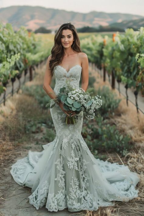 10 Sage Green Wedding Dresses For Your Inspiration! Wedding Dress Country Style, Outside Wedding Dress The Bride, Sage Green Wedding Gown, Whimsicle Wedding Dress, Wedding Dresses Western Style, Western Bride Dress, Sage Green Wedding Dresses, Western Turquoise Wedding, Irish Bride