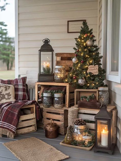 Cheap Christmas Decor Ideas, Cheap Christmas Decor, Christmas Decorations Cheap, Cheap Christmas, Porch Christmas Decor, Front Porch Christmas, Front Porch Christmas Decor, Wooden Crate, Christmas Love