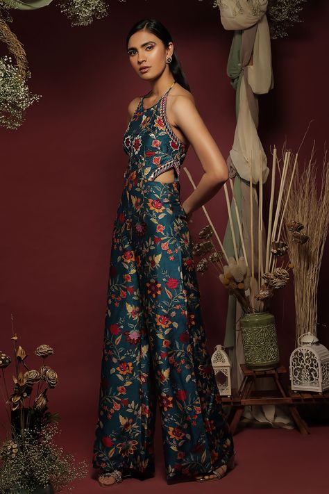 Shop for these amazing collections of Blue Silk Floral Round Pattern Jumpsuit For Women by Label Ne'chi online at Aza Fashions. Indian Fabric Dress, Sleeveless Jumpsuits For Women, Floral Indo Western Outfits, Desi Jumpsuit, Indian Jumpsuit Outfit, Indian Clothes Modern, Modern Indian Dress, Saree Jumpsuit, Brocade Jumpsuit