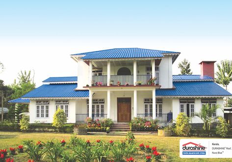 Blue Roof House, Blue Subway Tile, Sheet Metal Roofing, Home Redesign, Fibreglass Roof, Blue Roof, Kerala House, Roof House, Roofing Sheets