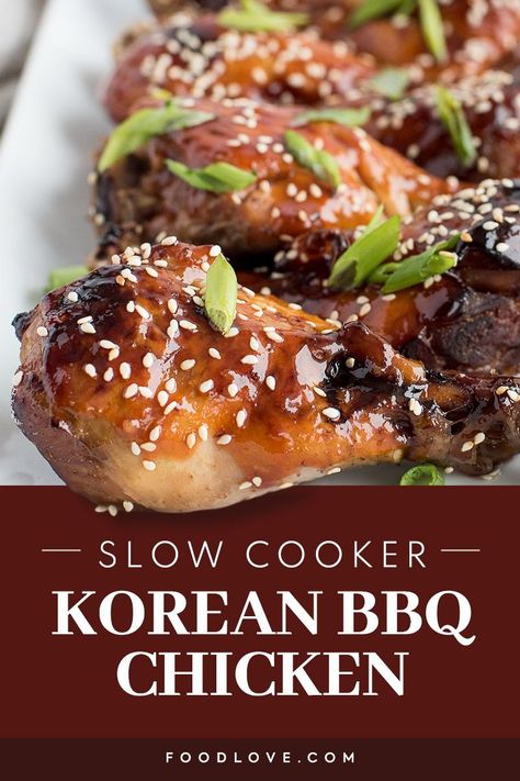 Slow cooker Korean BBQ chicken is sweet, spicy, and oh so easy! Korean spicy chicken is slow cooked to tender perfection, then slathered with homemade Korean BBQ sauce. Korean Bbq Crockpot Recipes, Korean Chicken Recipe Slow Cooker, Korean Chicken Leg Recipes, Korean Bbq Chicken Crockpot, Slow Cooker Korean Chicken, Korean Slow Cooker Recipes, Slow Cooker Drumstick Recipes, Slow Cooker Korean Bbq, Gochujang Sauce Recipe