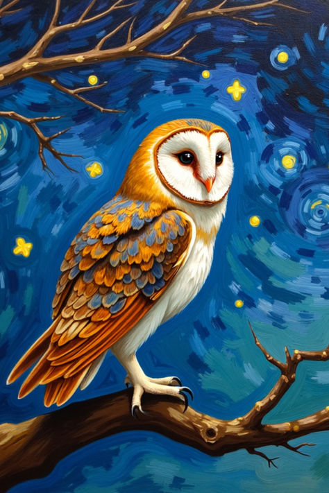 Love owls and Van Gogh? This beautiful Starry Night owl painting is available as a framed print, canvas, or metal print! Affordable and stunning, it's the perfect addition to any room. Click to see sizes and prices! #owlartforsale #homedecorideas #artprintsforsale   #waterfall #nature #flowers #paintings #art #beauty #serenity #iris #goddess #womaninart #matisse_paintings #abstract #acrylic #watercolor Easy Owl Painting, Owl Art Painting, Owl Acrylic Painting, Owl Mural, Colorful Owl Art, Owl Painting Acrylic, Iris Goddess, Owl Paintings, Matisse Paintings