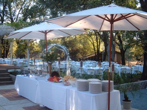 i like the big umbrellas for the buffet tables Wedding Reception Decorations On A Budget, Wedding Reception On A Budget, Backyard Wedding Reception, Backyard Wedding Decorations, Wedding Backyard Reception, Backyard Reception, Backyard Gazebo, Backyard Retreat, Budget Backyard