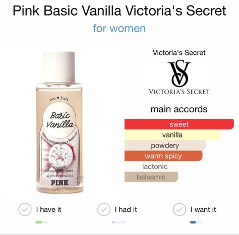 Basic Vanilla Pink Perfume, Scent Combos, Victoria Secret Model, Diy Perfume, Pink Perfume, Perfume Collection Fragrance, Victoria Secret Perfume, Perfume Scents, Girly Stuff