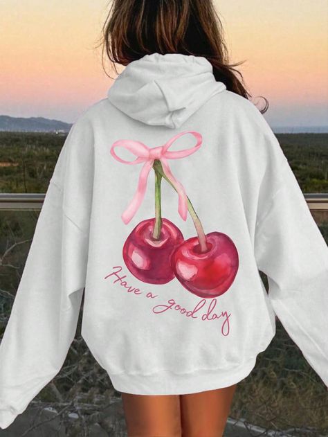 Coquette Cherry Hoodie - Have A Nice Day, Hoodie With Text At Back, Coquette Bow Hoodie, Fashionable Ribbon Hoodie, Cute Coquette Pullover Hoodie White Casual  Long Sleeve Fabric Letter,Fruit&Vegetable Pullovers Slight Stretch  Women Clothing, size features are:Bust: ,Length: ,Sleeve Length: Shein Hoodies, Cherry Sweatshirt, Nice Hoodies, Coquette Hoodie, Cherry Hoodie, Bow Hoodie, Coquette Cherry, Cherry Blossom Print, Cute Hoodie