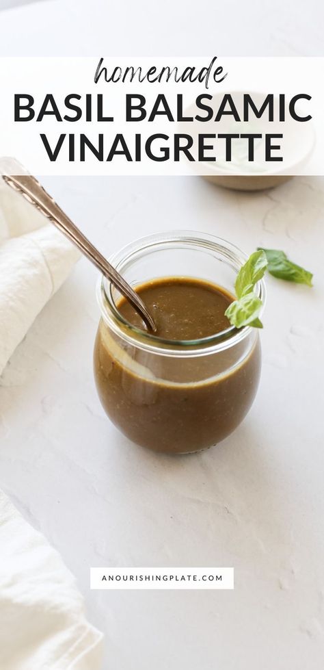 If you still aren’t making homemade vinaigrettes, this basil balsamic vinaigrette is your sign to start. It's creamy, flavorful, and incredibly easy to make. Use it for salads, proteins, and so much more. Balsamic Vinaigrette Dressing Recipe, Easy Homemade Salad Dressing, Balsamic Dressing Recipe, Balsamic Salad, Balsamic Vinaigrette Salad, Honey Balsamic Vinaigrette, Vinegar Salad, Vinaigrette Dressing Recipe, Balsamic Vinaigrette Recipe