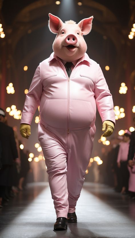 a pig costume walking down a runway, pink iconic character, ryan reynolds wearing a fat suit, piggy, ! George Pig Costume, Pig Costume Diy, Pig Outfit, Worst Outfits, Pig Costume, 3 Pigs, Army Costume, Farmer Outfit, Fat Pig