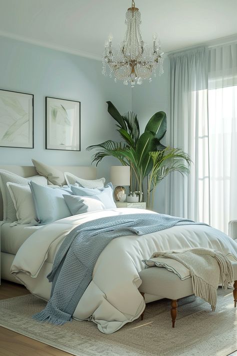 Create Your Dream Bedroom: Elegant Blue & White Decor Ideas Dusty Blue Bedroom Ideas, Sky Blue Room, Light Blue And White Bedroom, Townhouse Inspiration, Baby Blue Bedrooms, Bedroom Elegant, Blue Gray Bedroom, Plush Bedding, Contemporary Bedroom Design