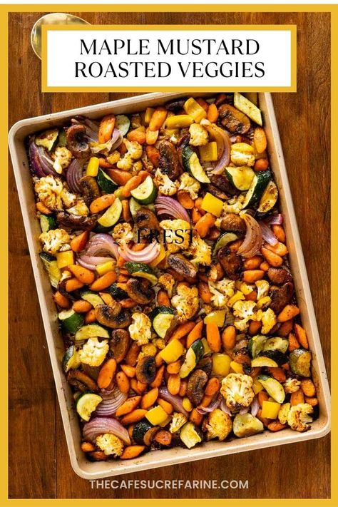 Maple Mustard Roasted Veggies Maple Roasted Veggies, Fall Root Vegetable Recipes, Thanksgiving Vegan Side Dishes, Fall Veggies Recipes, Maple Roasted Root Vegetables, Maple Roasted Vegetables, Roasted Veggies Thanksgiving, Fall Veggie Dishes, Veggie Side Dishes Thanksgiving