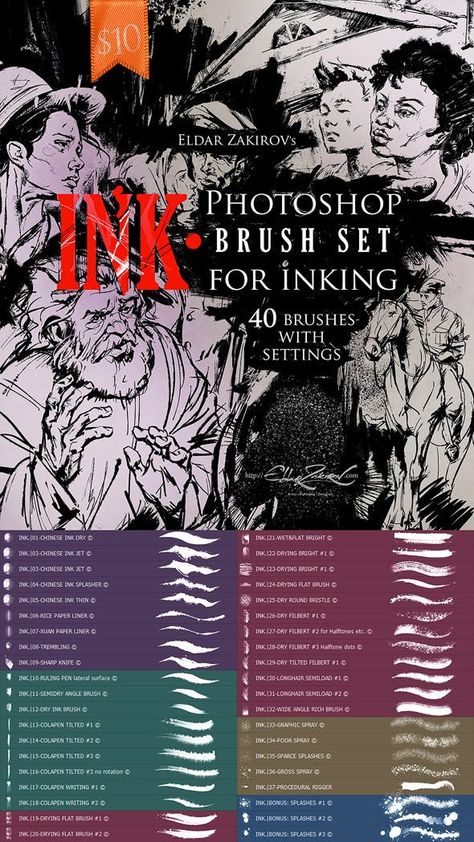 INK. 40 Photoshop Brushes for Inking + Photoshop Action - Artistic Brushes Nib Painting, Procreate Resources, Photoshop Basics, Photoshop Tutorials Free, Brush Effect, Photoshop Tutorial Graphics, Digital Brushes, Photoshop Brush Set, Photoshop Brushes Free