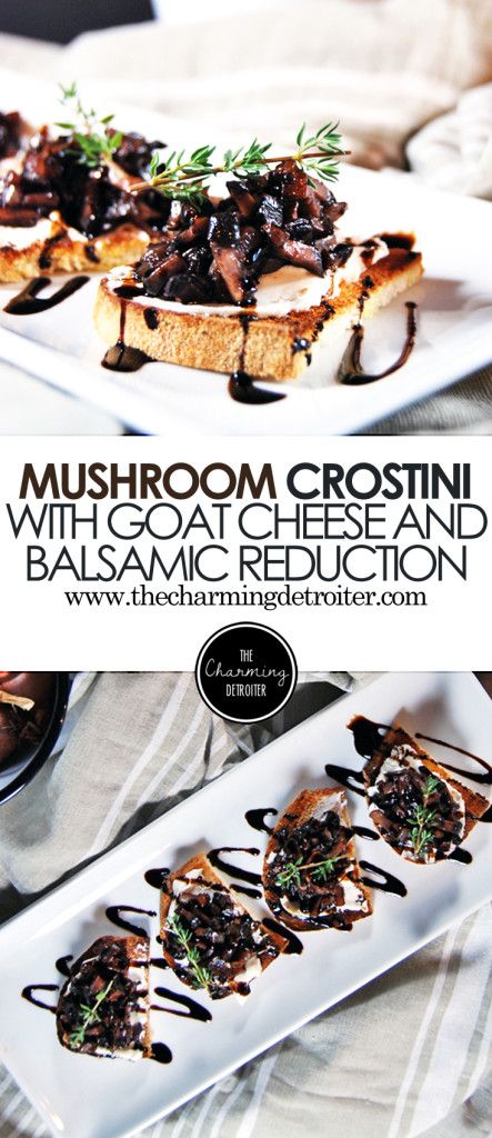 Mushrooms Duxelles Crostini with Goat Cheese and Balsamic Reduction - Impress your friends with this simple yet elegant crostini, featuring sauteed mushrooms, goat cheese, and a balsamic reduction. Mushroom Duxelle, Mushroom Crostini, Nutrisystem Recipes, Crostini Recipes, Balsamic Reduction, Dessert Party, Sauteed Mushrooms, Buffalo Wings, Chicken And Waffles