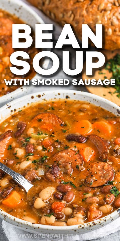 a bowl of bean soup Soup With Smoked Sausage, Sausage And Bean Soup, 16 Bean Soup, Bean And Sausage Soup, 15 Bean Soup, Sausage Soup Recipes, Smoked Sausage Recipes, Beans And Sausage, Soup Beans