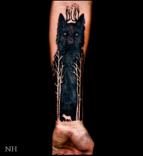 50 Geometric and Blackwork Wolf Tattoos | Tattoodo.com Kurt Tattoo, Watercolor Tattoo Tree, Negative Space Tattoo, Roots Tattoo, Wolf Tattoos Men, Forearm Tattoo Design, Tree Tattoo Designs, Wolf Tattoo Design, Space Tattoo