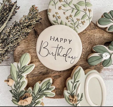 Botanical Cookies Decorated, Greenery Royal Icing Cookies, Sage Green Cookies Birthday, Boho Birthday Cookies Decorated, Floral Birthday Cookies Decorated, Fall Birthday Cookies, Boho Cookies Decorated, Flower Birthday Cookies, Boho Birthday Cookies