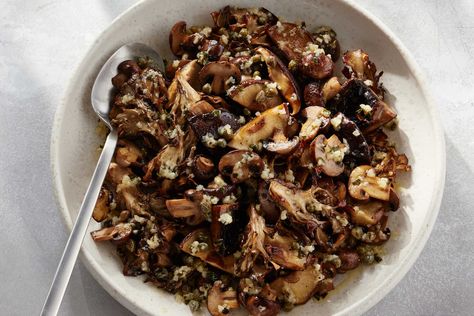 Mushroom Piccata Recipe - NYT Cooking Risotto Milanese, Piccata Sauce, Creamed Kale, Seared Fish, Piccata Recipe, Roasted Chicken Thighs, Oven Roasted Chicken, Sliced Meat, American Dishes