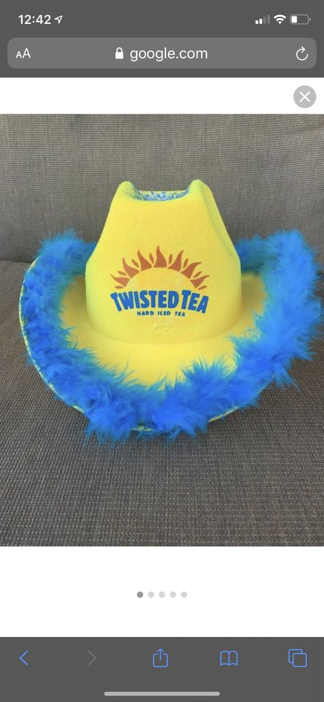 Twisted Tea Halloween Costume, Drink Cowgirl Hats, Twisted Tea Costume, Drinking Cowboy Hat Diy, Twisted Tea Cowboy Hat, Twisted Tea Hat, Liquor Halloween Costumes Cowboy Hats, Alcohol Themed Cowboy Hats, Alcohol Cow Girl Hats